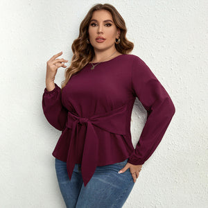 Womens Plus Size Solid Color Puff Long Sleeve Tie Waist Top SIZE XL-5XL
