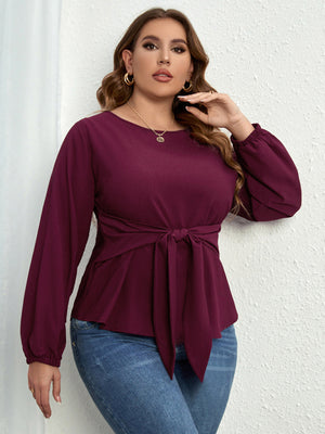 Womens Waist Tie Long Sleeve Plus Size Top SIZE XL-4XL