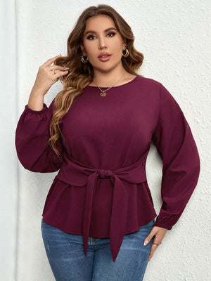 Womens Waist Tie Long Sleeve Plus Size Top SIZE XL-4XL