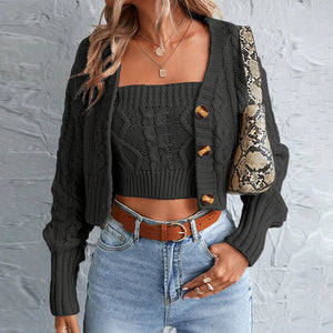 Womens Tube Cable Knit Long Sleeve Cropped Cardigan Set SIZE S-XL