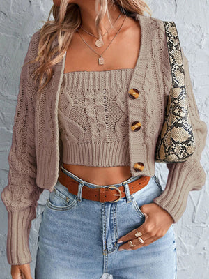 Womens Tube Cable Knit Long Sleeve Cropped Cardigan Set SIZE S-XL