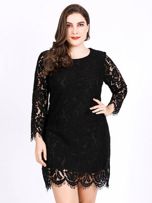 Womens Round Neck Lace Long Sleeve Plus Size Dress SIZE XL-5XL