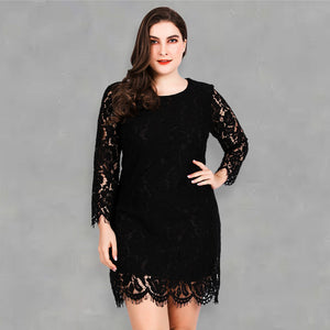 Womens Round Neck Lace Long Sleeve Plus Size Dress SIZE XL-5XL