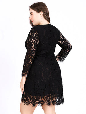 Womens Round Neck Lace Long Sleeve Plus Size Dress SIZE XL-5XL