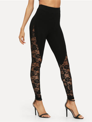 Womens Solid Color Lace Panel Leggings SIZE S-2XL