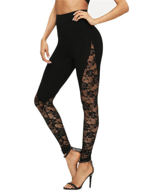 Womens Solid Color Lace Panel Leggings SIZE S-2XL