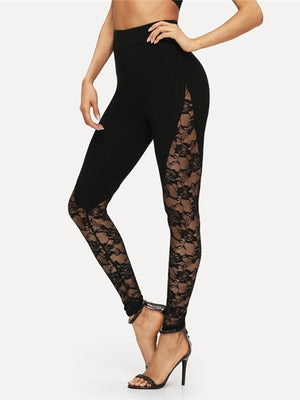 Womens Solid Color Lace Panel Leggings SIZE S-2XL