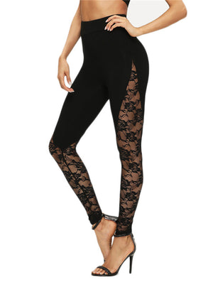 Womens Solid Color Lace Panel Leggings SIZE S-2XL