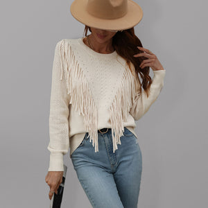Womens Solid Color Knit Fringed Sweater SIZE S-XL