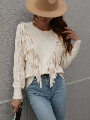 Womens Solid Color Knit Fringed Sweater SIZE S-XL
