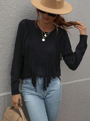 Womens Solid Color Knit Fringed Sweater SIZE S-XL