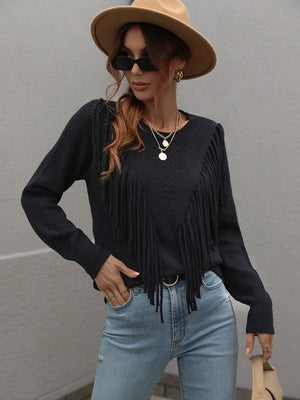 Womens Solid Color Knit Fringed Sweater SIZE S-XL