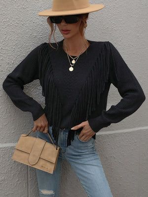 Womens Solid Color Knit Fringed Sweater SIZE S-XL