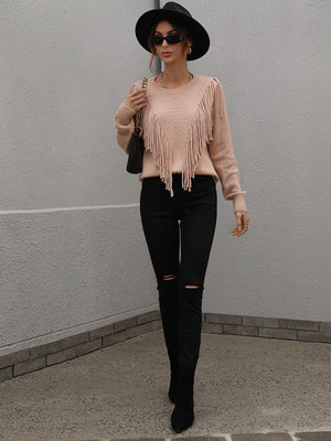 Womens Solid Color Knit Fringed Sweater SIZE S-XL