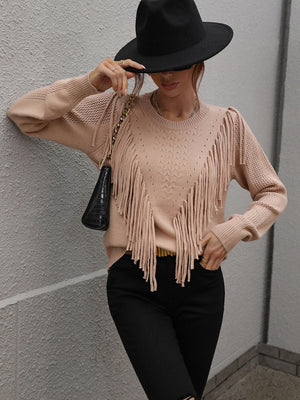 Womens Solid Color Knit Fringed Sweater SIZE S-XL