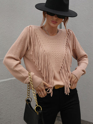 Womens Solid Color Knit Fringed Sweater SIZE S-XL