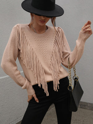 Womens Solid Color Knit Fringed Sweater SIZE S-XL