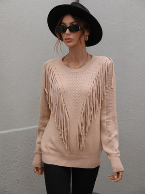 Womens Solid Color Knit Fringed Sweater SIZE S-XL