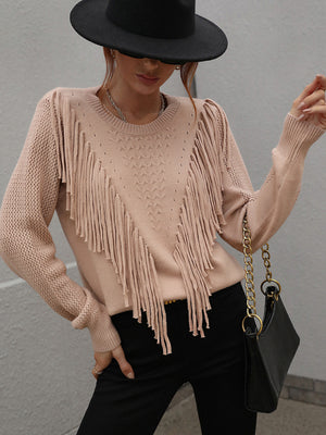 Womens Solid Color Knit Fringed Sweater SIZE S-XL