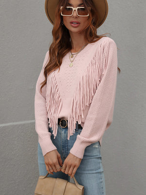 Womens Solid Color Knit Fringed Sweater SIZE S-XL