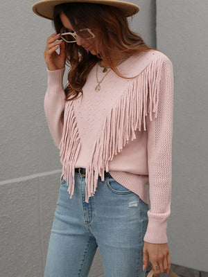 Womens Solid Color Knit Fringed Sweater SIZE S-XL