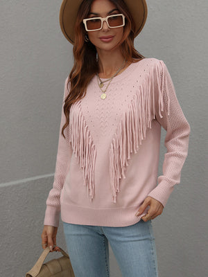 Womens Solid Color Knit Fringed Sweater SIZE S-XL