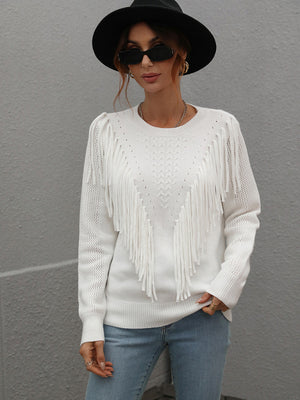 Womens Solid Color Knit Fringed Sweater SIZE S-XL