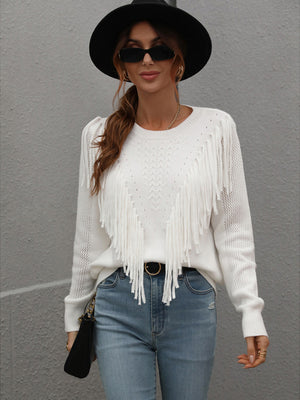 Womens Solid Color Knit Fringed Sweater SIZE S-XL