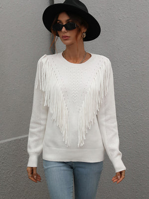 Womens Solid Color Knit Fringed Sweater SIZE S-XL