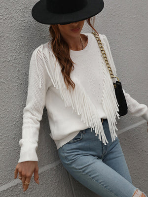 Womens Solid Color Knit Fringed Sweater SIZE S-XL