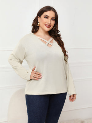 Womens Solid Color Criss Cross Neck Plus Size Long Sleeve Top SIZE XL-4XL