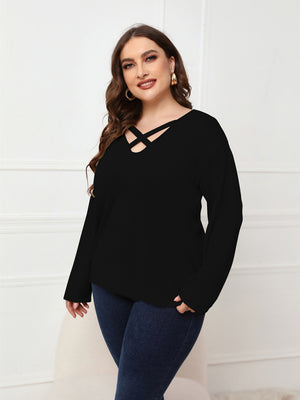 Womens Solid Color Criss Cross Neck Plus Size Long Sleeve Top SIZE XL-4XL