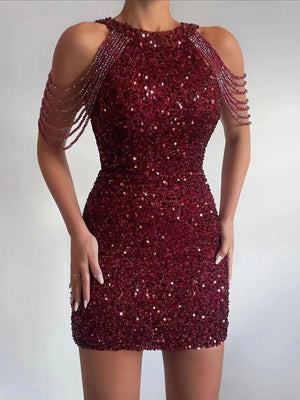 Womens Sequin Chain Beads Shoulder Straps Bodycon Dress SIZE S-2XL