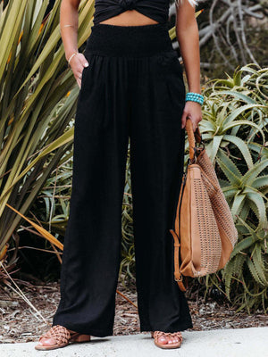 Womens Smocked Waist Side Seam Pockets Wide Leg Pants SIZE S-XL