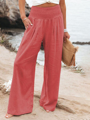 Womens Smocked Waist Side Seam Pockets Wide Leg Pants SIZE S-XL