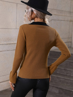 Womens Johnny Collar V Neck Long Sleeve Sweater SIZE S-XL