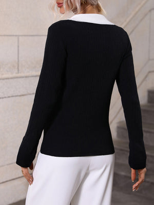 Womens Johnny Collar V Neck Long Sleeve Sweater SIZE S-XL