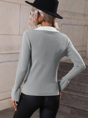 Womens Johnny Collar V Neck Long Sleeve Sweater SIZE S-XL