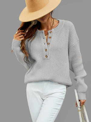 Womens Crew Neck Rib Long Sleeve Button Sweater SIZE S-XL