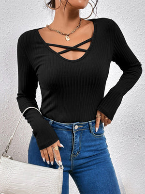 Womens Solid Color Cross Strap Rib Long Sleeve Rib Top SIZE S-XL