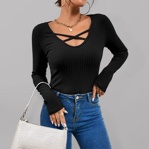 Womens Solid Color Cross Strap Rib Long Sleeve Rib Top SIZE S-XL
