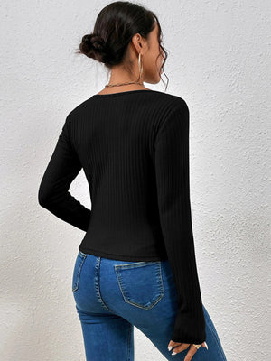 Womens Solid Color Cross Strap Rib Long Sleeve Rib Top SIZE S-XL