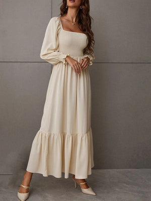 Womens Solid Color Smocked Long Sleeve Tiered Maxi Dress SIZE S-4XL