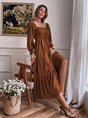 Womens Solid Color Smocked Long Sleeve Tiered Maxi Dress SIZE S-4XL