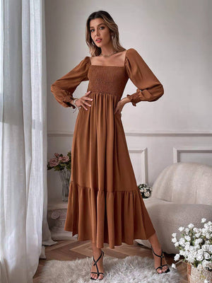 Womens Solid Color Smocked Long Sleeve Tiered Maxi Dress SIZE S-4XL