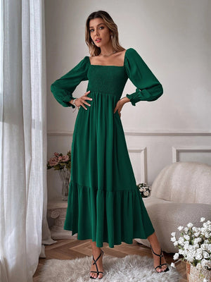 Womens Solid Color Smocked Long Sleeve Tiered Maxi Dress SIZE S-4XL