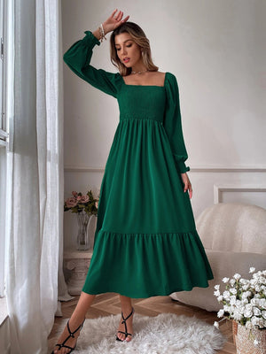 Womens Solid Color Smocked Long Sleeve Tiered Maxi Dress SIZE S-4XL