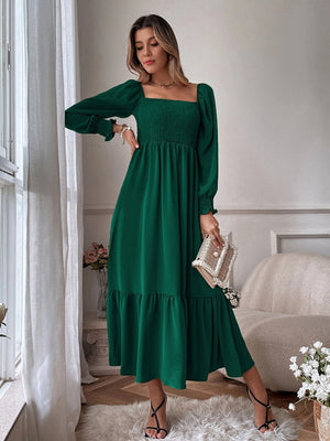 Womens Solid Color Smocked Long Sleeve Tiered Maxi Dress SIZE S-4XL