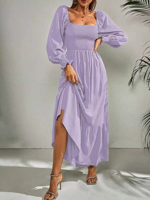 Womens Solid Color Smocked Long Sleeve Tiered Maxi Dress SIZE S-4XL