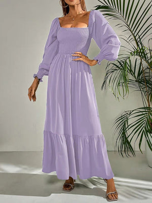 Womens Solid Color Smocked Long Sleeve Tiered Maxi Dress SIZE S-4XL